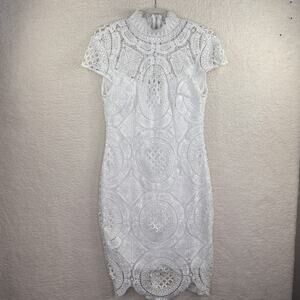 Bisou Bisou Dress‎ 8 White Lace Sheath High Neck Cap Sleeve Party Cocktail